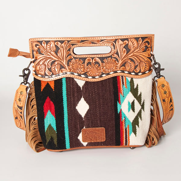 LC-ADBGS146 Southwestern Wool Blanket & Tooled Leather Shoulder Bag - Western Fringe Crossbody