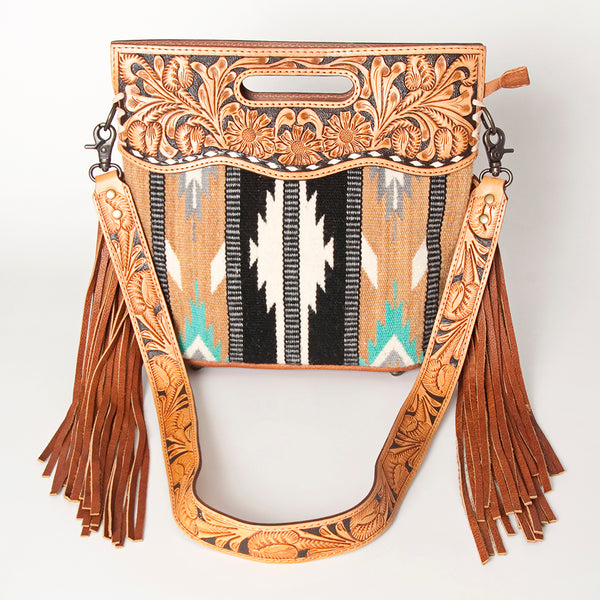LC-ADBGS146 Southwestern Wool Blanket & Tooled Leather Shoulder Bag - Western Fringe Crossbody