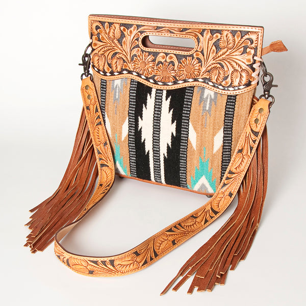 LC-ADBGS146 Southwestern Wool Blanket & Tooled Leather Shoulder Bag - Western Fringe Crossbody