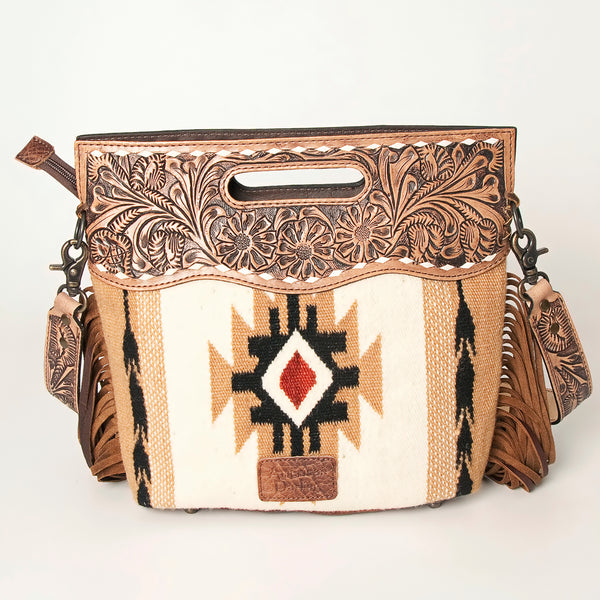 LC-ADBGS146 Southwestern Wool Blanket & Tooled Leather Shoulder Bag - Western Fringe Crossbody