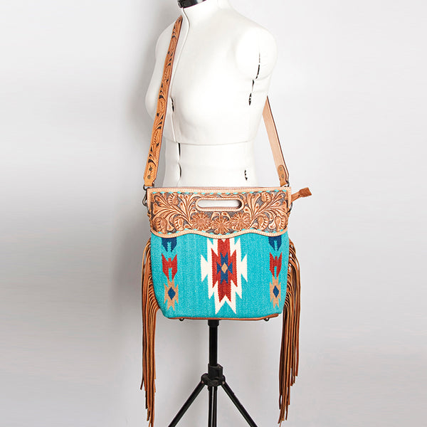 LC-ADBGS146 Southwestern Wool Blanket & Tooled Leather Shoulder Bag - Western Fringe Crossbody