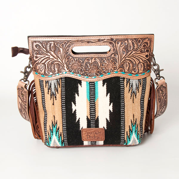LC-ADBGS146 Southwestern Wool Blanket & Tooled Leather Shoulder Bag - Western Fringe Crossbody