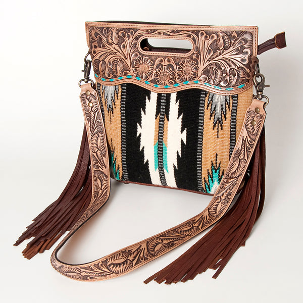 LC-ADBGS146 Southwestern Wool Blanket & Tooled Leather Shoulder Bag - Western Fringe Crossbody