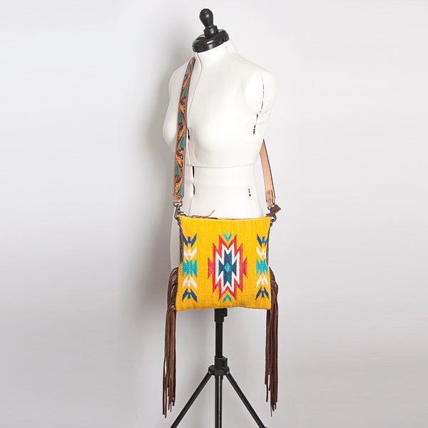 ADBG891 American Darling Hand-Woven Saddle Blanket Large Cross body Bag | Tooled Leather Fringed Purse