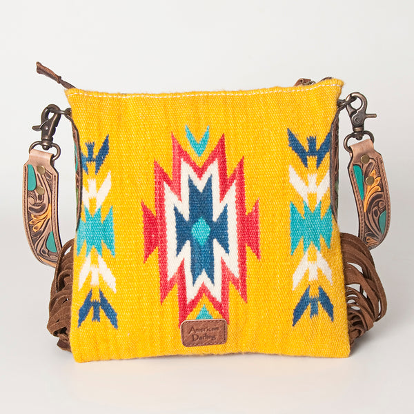 ADBG891 American Darling Hand-Woven Saddle Blanket Large Cross body Bag | Tooled Leather Fringed Purse