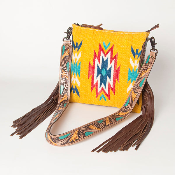 ADBG891 American Darling Hand-Woven Saddle Blanket Large Cross body Bag | Tooled Leather Fringed Purse