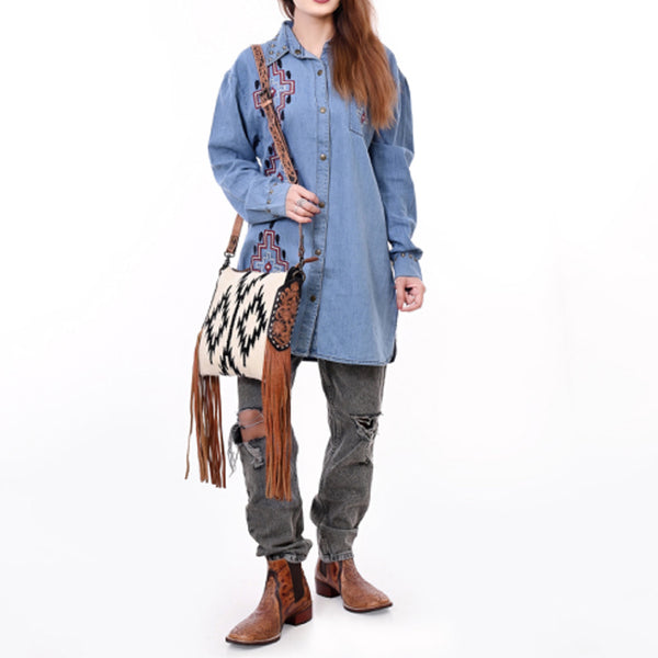 ADBG891 American Darling Hand-Woven Saddle Blanket Large Cross body Bag | Tooled Leather Fringed Purse