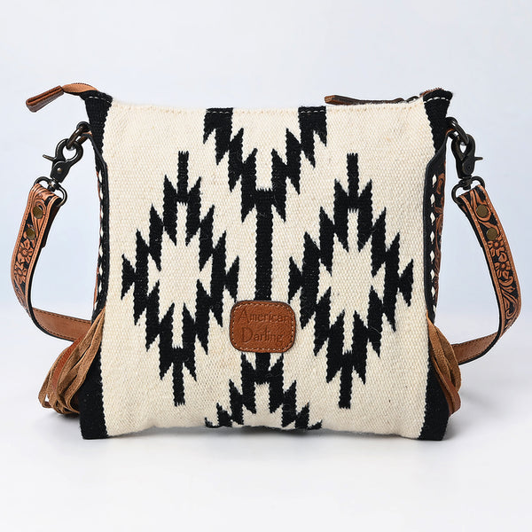 ADBG891 American Darling Hand-Woven Saddle Blanket Large Cross body Bag | Tooled Leather Fringed Purse