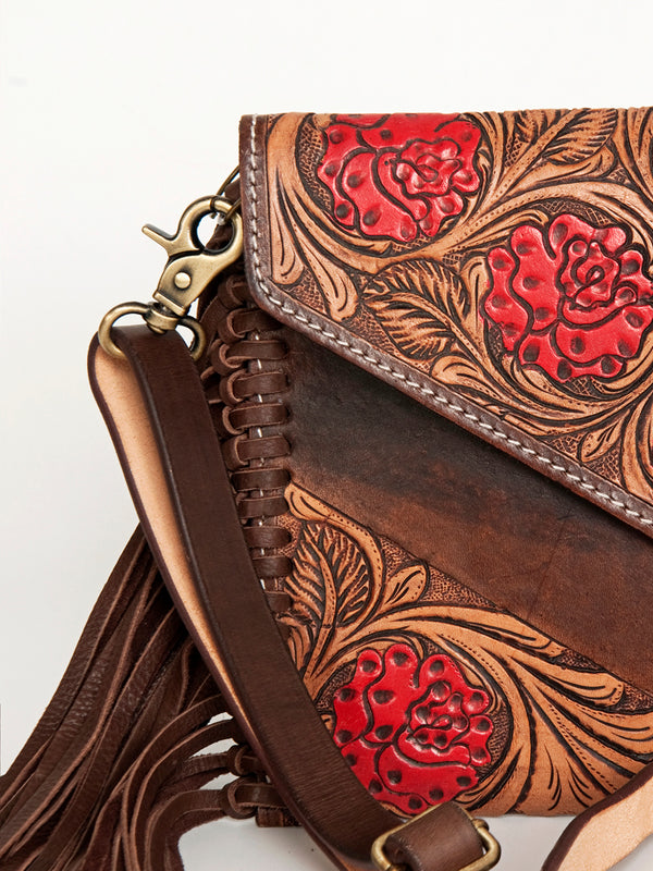 ADBGA290 American Darling Hand Tooled Floral Carved Leather Envelope with Fringes