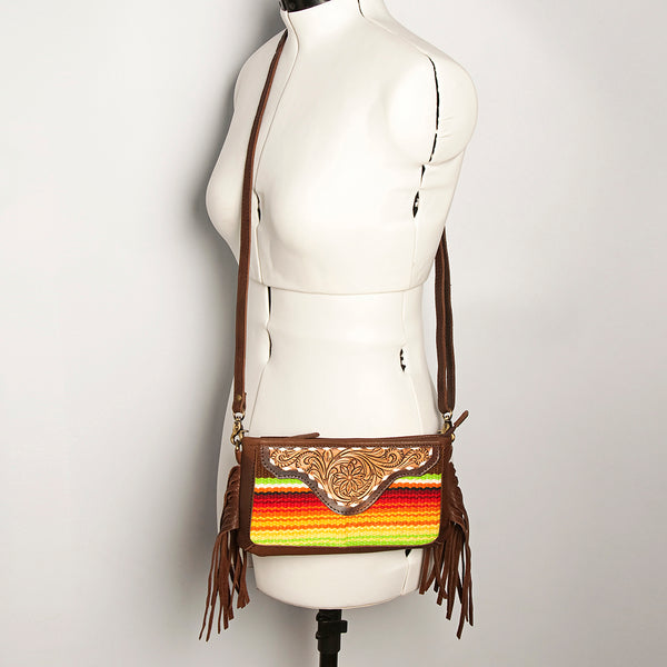 ADBGA188 American Darling Southwestern Wool & Leather Fringe Crossbody Bag with Hand-Tooled Flap