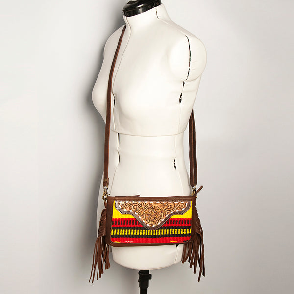 ADBGA188 American Darling Southwestern Wool & Leather Fringe Crossbody Bag with Hand-Tooled Flap