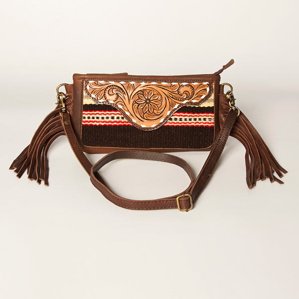 ADBGA188 American Darling Southwestern Wool & Leather Fringe Crossbody Bag with Hand-Tooled Flap