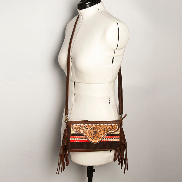 ADBGA188 American Darling Southwestern Wool & Leather Fringe Crossbody Bag with Hand-Tooled Flap