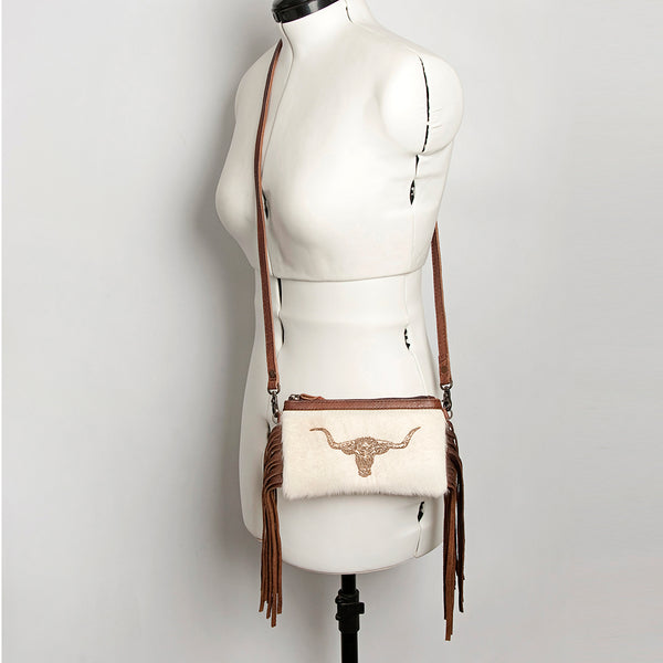 LC-ADBGS142 Western Rodeo Crossbody - Hair-On Leather Bag with Steer Wrestling Print & Fringe
