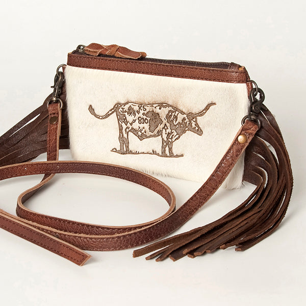 LC-ADBGS142 Western Rodeo Crossbody - Hair-On Leather Bag with Steer Wrestling Print & Fringe