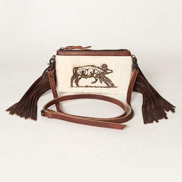 LC-ADBGS142 Western Rodeo Crossbody - Hair-On Leather Bag with Steer Wrestling Print & Fringe