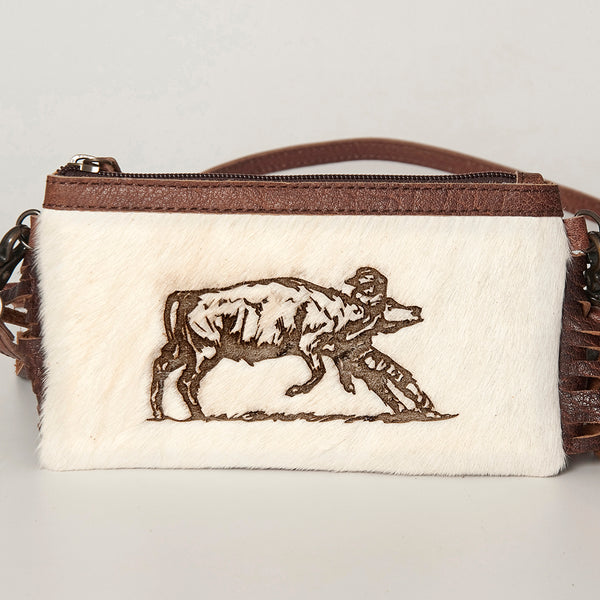 LC-ADBGS142 Western Rodeo Crossbody - Hair-On Leather Bag with Steer Wrestling Print & Fringe