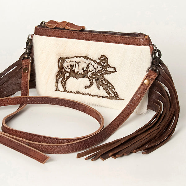 LC-ADBGS142 Western Rodeo Crossbody - Hair-On Leather Bag with Steer Wrestling Print & Fringe