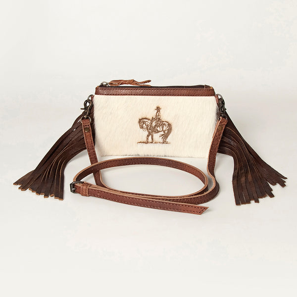 LC-ADBGS142 Western Rodeo Crossbody - Hair-On Leather Bag with Steer Wrestling Print & Fringe