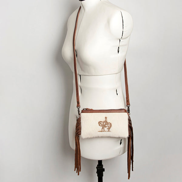 LC-ADBGS142 Western Rodeo Crossbody - Hair-On Leather Bag with Steer Wrestling Print & Fringe