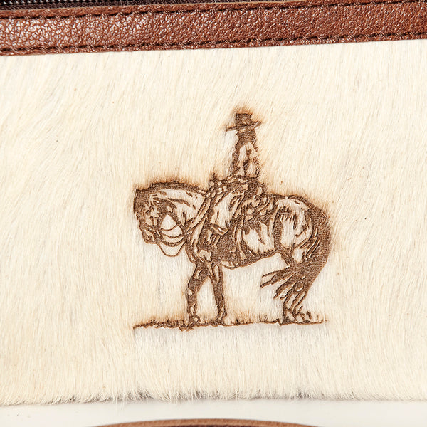 LC-ADBGS142 Western Rodeo Crossbody - Hair-On Leather Bag with Steer Wrestling Print & Fringe