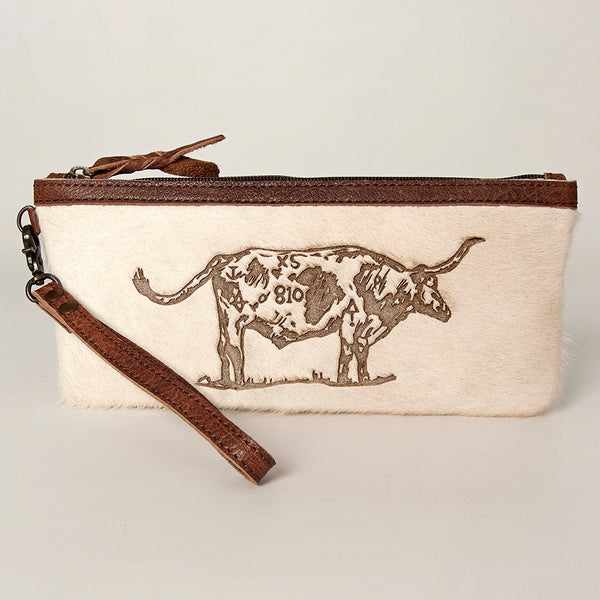 ADBG344 American Darling Western Leather Wristlet Bag in White Hair-On Cowhide