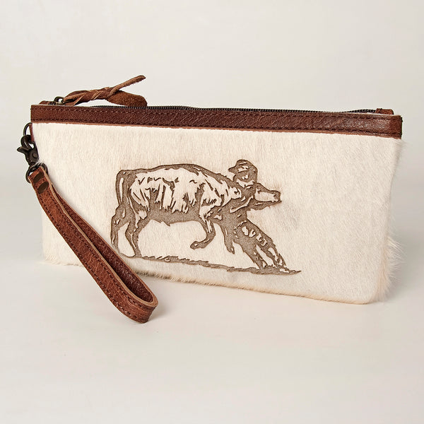 ADBG344 American Darling Western Leather Wristlet Bag in White Hair-On Cowhide