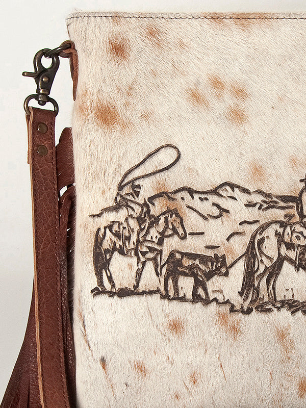 ADBGS192 Cowhide Large Crossbody Bag with Tooled Strap & Fringe - Western Rodeo Purse