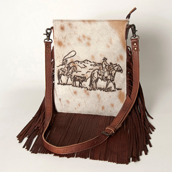 ADBGS192 Cowhide Large Crossbody Bag with Tooled Strap & Fringe - Western Rodeo Purse