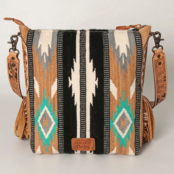 ADBG905 Southwestern Wool Blanket & Tooled Leather Strap Crossbody Bag by American Darling
