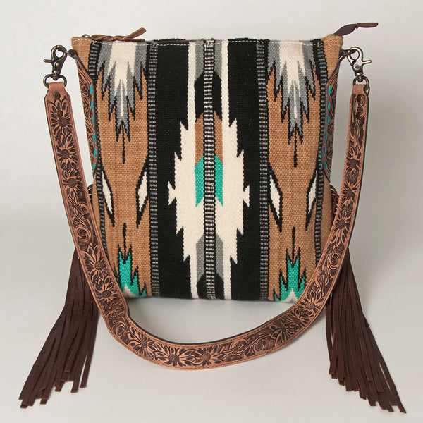 ADBG905 Southwestern Wool Blanket & Tooled Leather Strap Crossbody Bag by American Darling