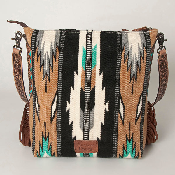 ADBG905 Southwestern Wool Blanket & Tooled Leather Strap Crossbody Bag by American Darling