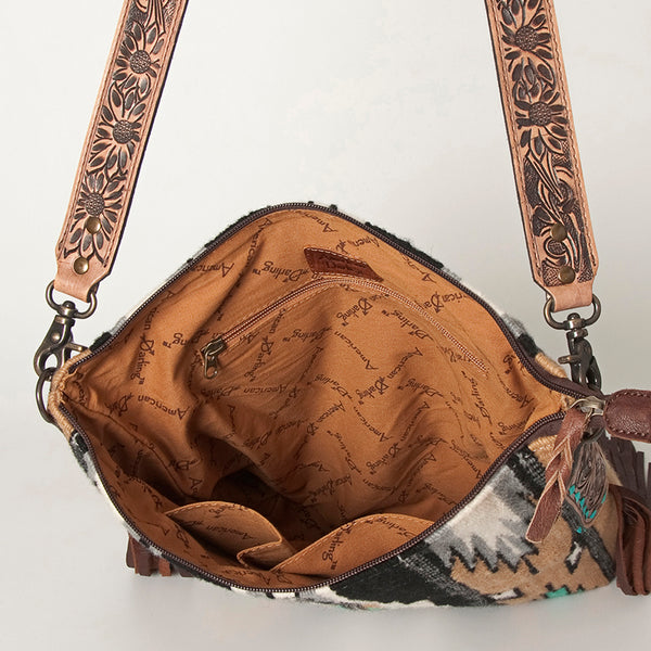 ADBG905 Southwestern Wool Blanket & Tooled Leather Strap Crossbody Bag by American Darling