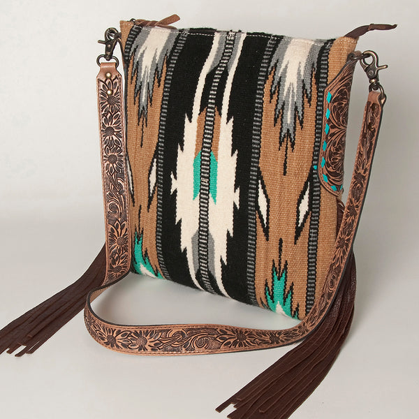 ADBG905 Southwestern Wool Blanket & Tooled Leather Strap Crossbody Bag by American Darling