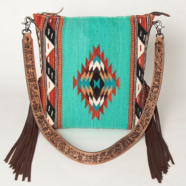ADBG905 Southwestern Wool Blanket & Tooled Leather Strap Crossbody Bag by American Darling