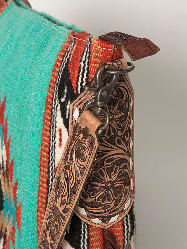 ADBG905 Southwestern Wool Blanket & Tooled Leather Strap Crossbody Bag by American Darling