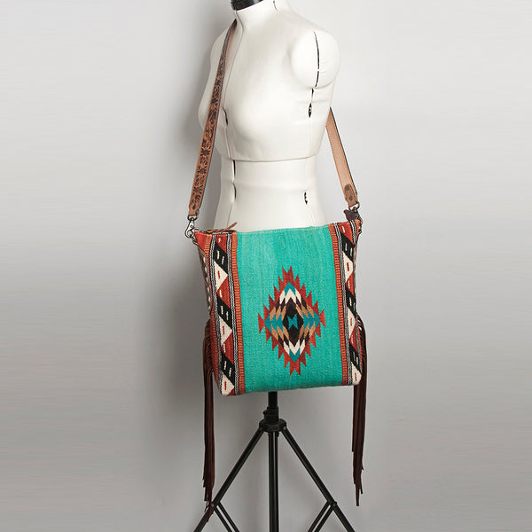 ADBG905 Southwestern Wool Blanket & Tooled Leather Strap Crossbody Bag by American Darling