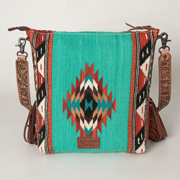 ADBG905 Southwestern Wool Blanket & Tooled Leather Strap Crossbody Bag by American Darling