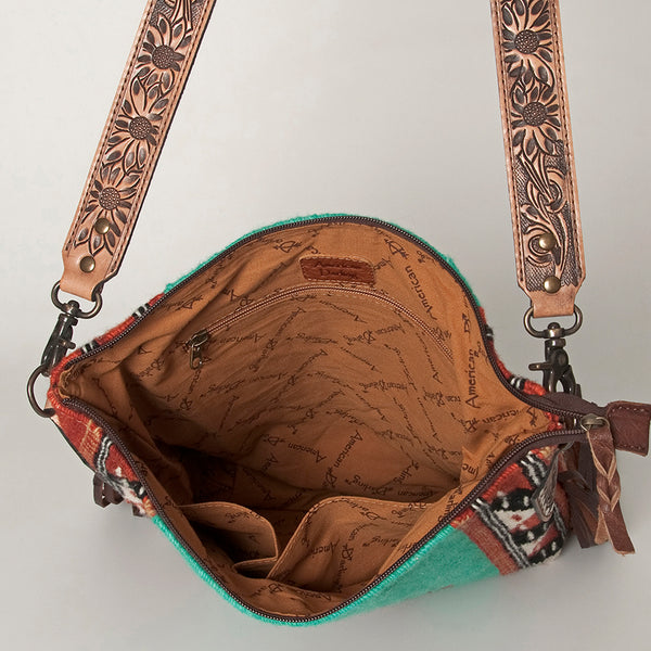 ADBG905 Southwestern Wool Blanket & Tooled Leather Strap Crossbody Bag by American Darling