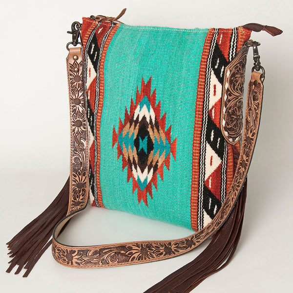 ADBG905 Southwestern Wool Blanket & Tooled Leather Strap Crossbody Bag by American Darling