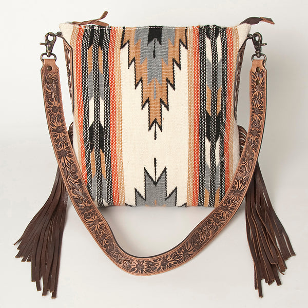 ADBG905 Southwestern Wool Blanket & Tooled Leather Strap Crossbody Bag by American Darling