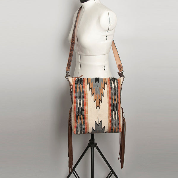 ADBG905 Southwestern Wool Blanket & Tooled Leather Strap Crossbody Bag by American Darling