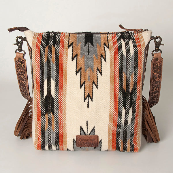 ADBG905 Southwestern Wool Blanket & Tooled Leather Strap Crossbody Bag by American Darling