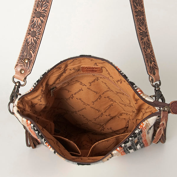 ADBG905 Southwestern Wool Blanket & Tooled Leather Strap Crossbody Bag by American Darling