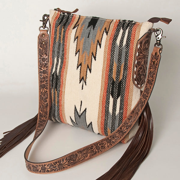 ADBG905 Southwestern Wool Blanket & Tooled Leather Strap Crossbody Bag by American Darling