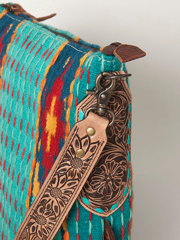 ADBG905 Southwestern Wool Blanket & Tooled Leather Strap Crossbody Bag by American Darling