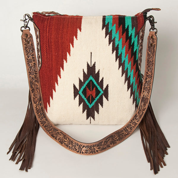 ADBG905 Southwestern Wool Blanket & Tooled Leather Strap Crossbody Bag by American Darling