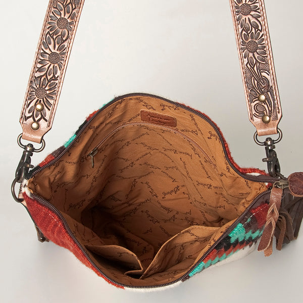 ADBG905 Southwestern Wool Blanket & Tooled Leather Strap Crossbody Bag by American Darling