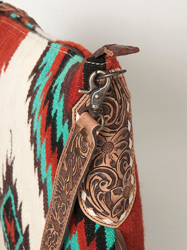 ADBG905 Southwestern Wool Blanket & Tooled Leather Strap Crossbody Bag by American Darling