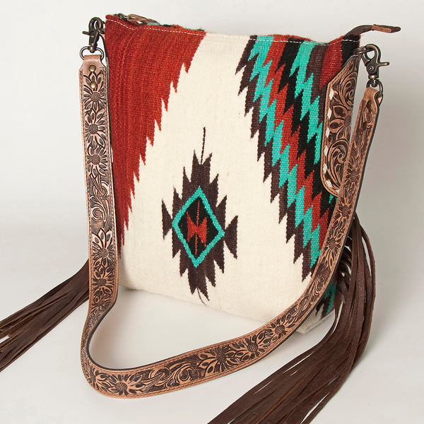 ADBG905 Southwestern Wool Blanket & Tooled Leather Strap Crossbody Bag by American Darling